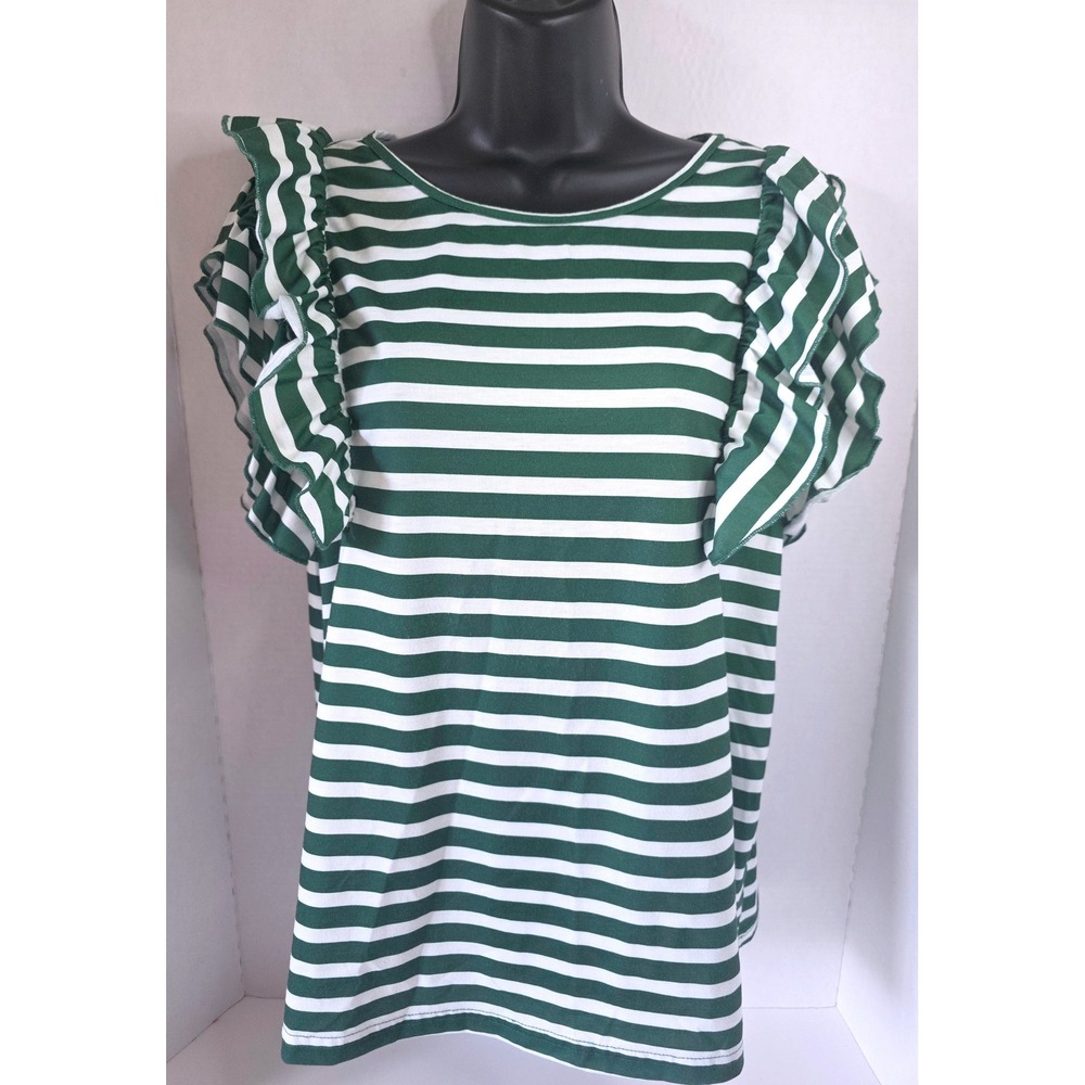 SHEIN Green White Striped Ruffle Sleeve Top Womens XL Scoop Neck Blouse